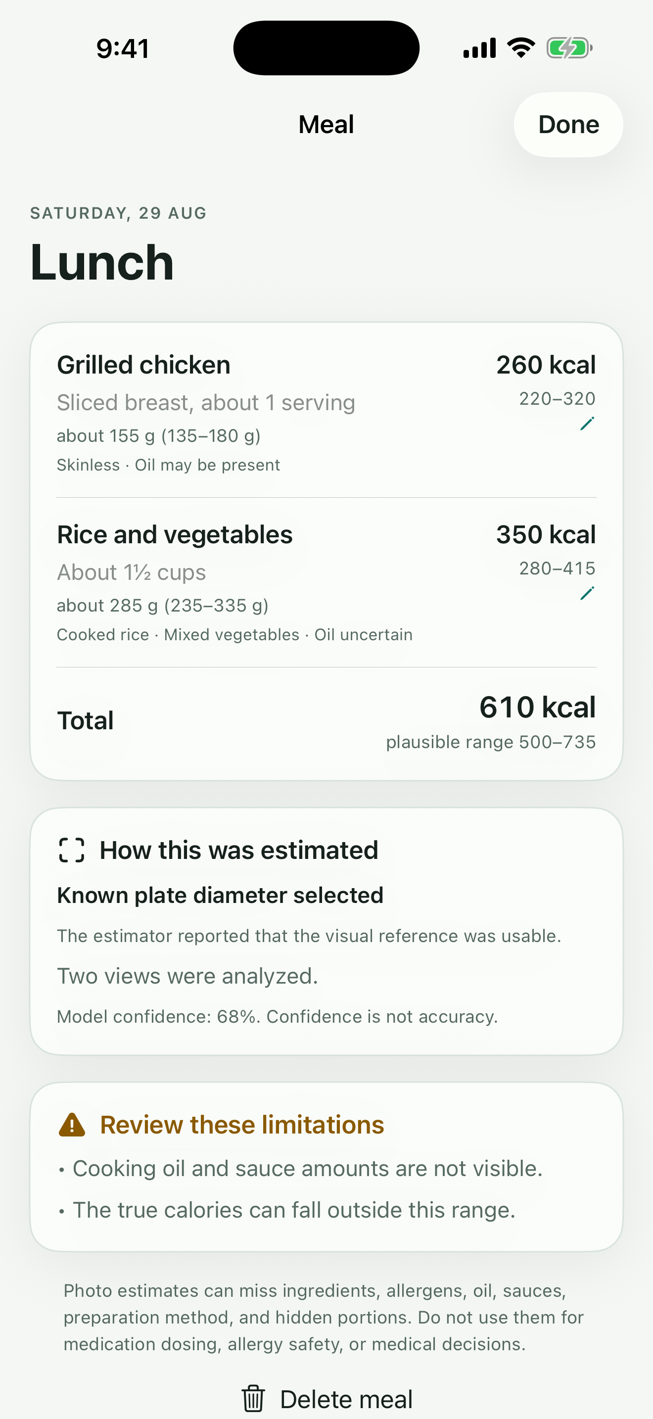 Editable meal items with gram and calorie ranges