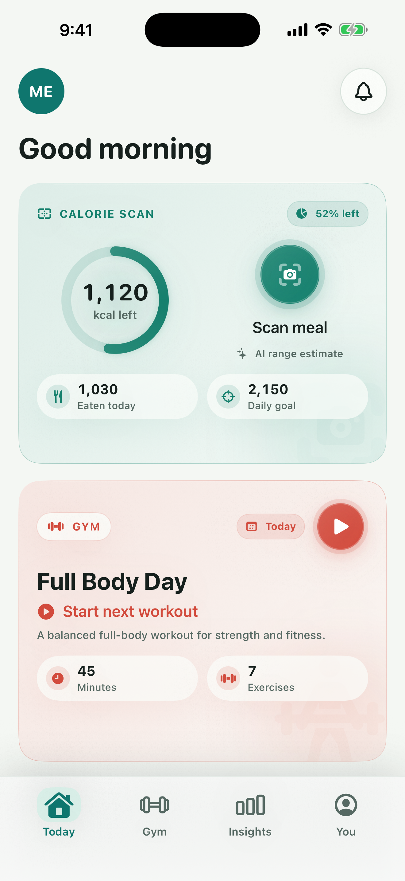 BodyNorth Today dashboard showing a meal calorie range and next workout