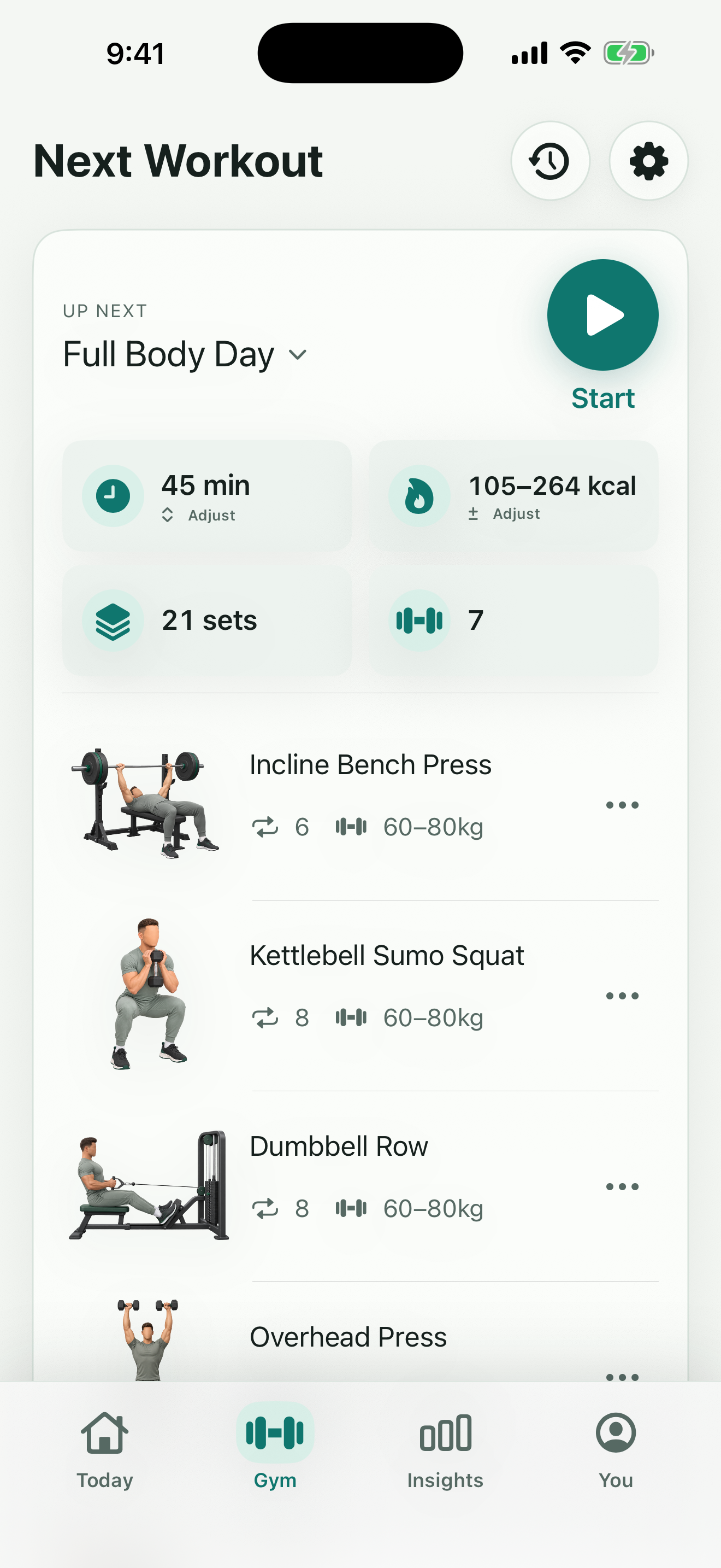 Generated BodyNorth workout plan with exercises, sets, and active calorie range